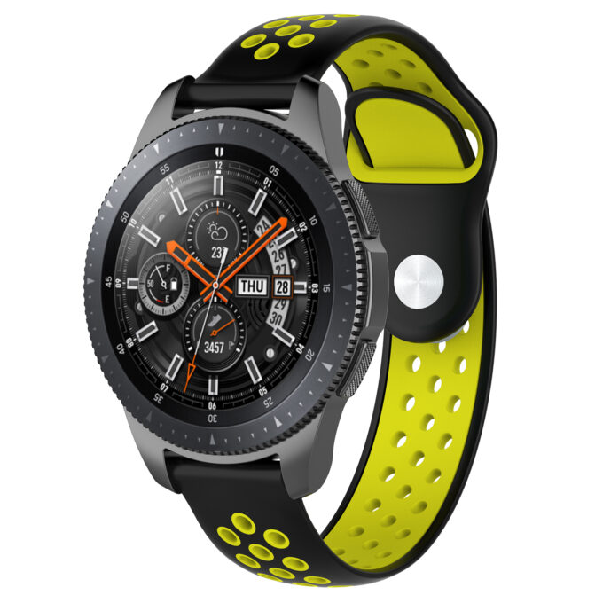 S.r10.1.10 Main Black & Yellow StrapsCo Perforated Silicone Rubber Watch Band Strap Compatible With Samsung Galaxy Watch, Galaxy Watch Active & Gear