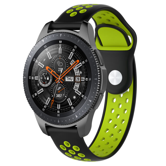 S.r10.1.11 Main Black & Green StrapsCo Perforated Silicone Rubber Watch Band Strap Compatible With Samsung Galaxy Watch, Galaxy Watch Active & Gear