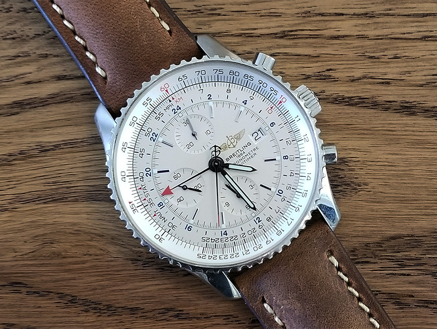 One Watch Four Looks Breitling Navitimer World Vintage Leather Closeup