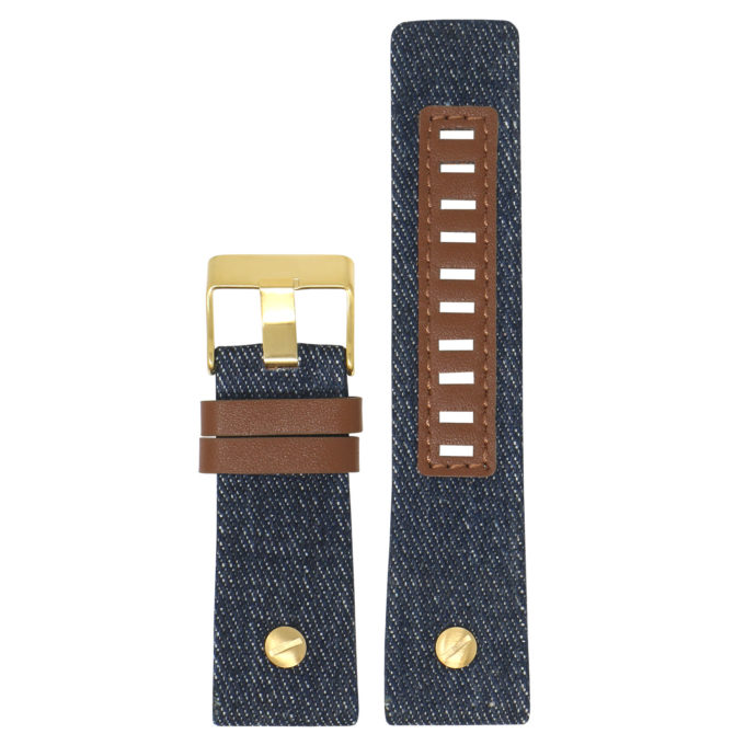 L.dz5.5.yg Main Blue (Yellow Gold Buckle) StrapsCo Denim & Leather Watch Band Strap With Rivet For Diesel