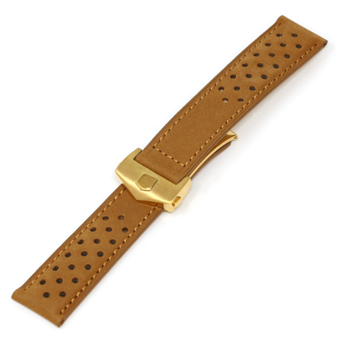 L.tag1.3.yg Tan (Yellow Gold Buckle) Alt StrapsCo Suede Perforated Leather Watch Band Strap For Tag Heuer 22mm