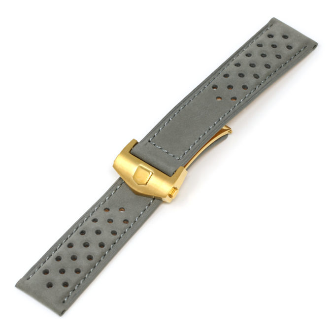 L.tag1.7.yg Grey (Yellow Gold Buckle) Alt StrapsCo Suede Perforated Leather Watch Band Strap For Tag Heuer 22mm