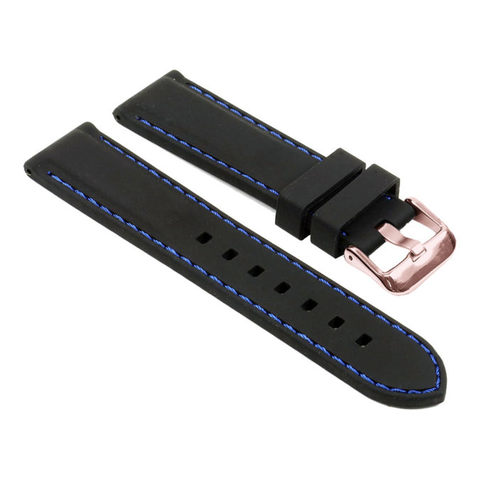 Pu1.1.5.rg Silcone Rubber Watch Strap In Black With Blue Stitching W Rose Gold Buckle Apple Watch
