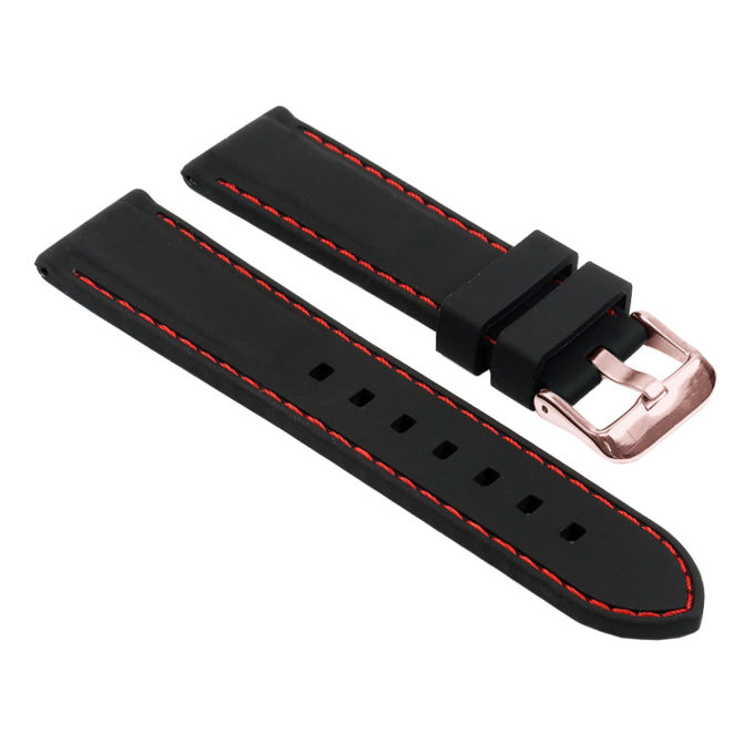 Pu1.1.6.rg Silcone Rubber Watch Strap In Black With Red Stitching W Rose Gold Buckle Apple Watch