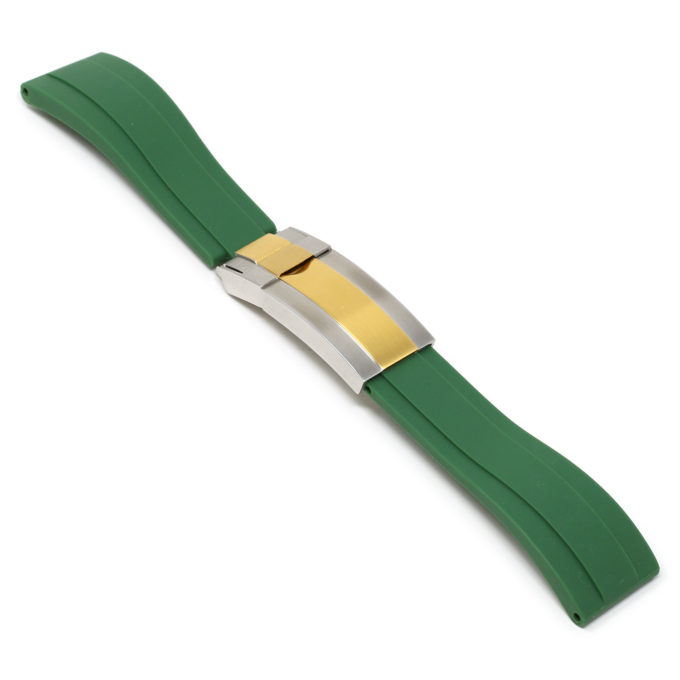 R.rx3.11.ss.yg Angle Green (Silver & Yellow Gold Clasp) StrapsCo Silicone Rubber Replacement Watch Band Strap For Rolex With Straight Ends