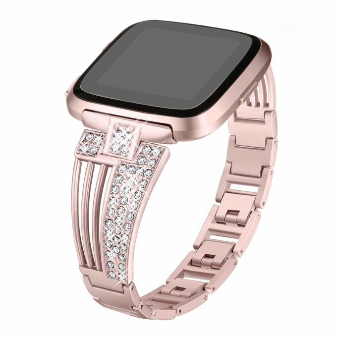 fb.m104.rg Main Rose Gold StrapsCo Stainless Steel Metal Link Watch Bracelet Band with Rhinestones for Fitbit Versa