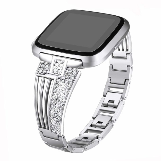 fb.m104.ss Main Silver StrapsCo Stainless Steel Metal Link Watch Bracelet Band with Rhinestones for Fitbit Versa