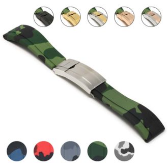 R.rx4.11.bs Gallery Green Camo (Brushed Silver Clasp) StrapsCo Silicone Rubber Camo Replacement Watch Bands Strap For Rolex With Straight Ends