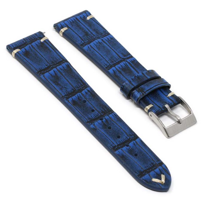 19mm Black Antique Finish Alligator Leather Universal Watch Strap with Blue  Stitching