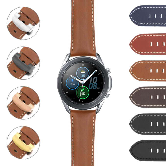 S.gx3.ps5 DASSARI Smooth Leather Strap With Deployant Clasp Standard Long For Samsung Galaxy Watch 3 45mm 41mm 22mm 20mm