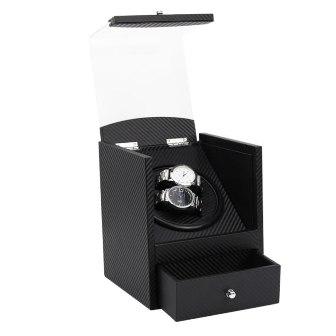 Carbon Fiber Watch Winder with Drawer for 2 Watches 2