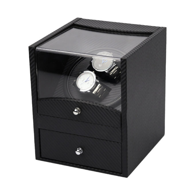 Carbon Fiber Watch Winder with Drawer for 2 Watches StrapsCo