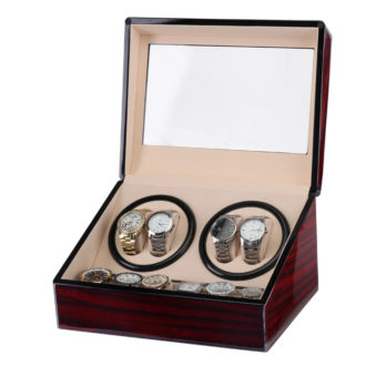 Mahogany Watch Winder With Faux Suede Interior For 4 Watches