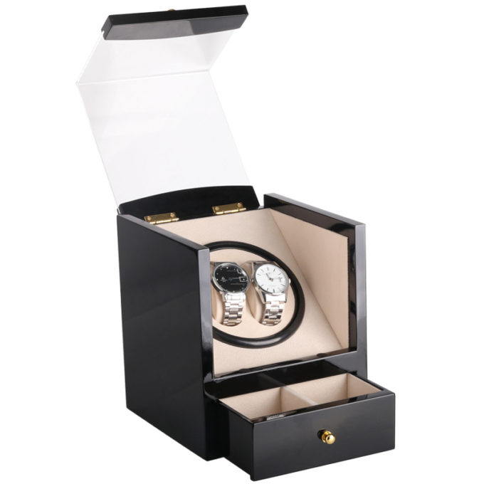 Piano Black Watch Winder with Drawer for 2 Watches 3