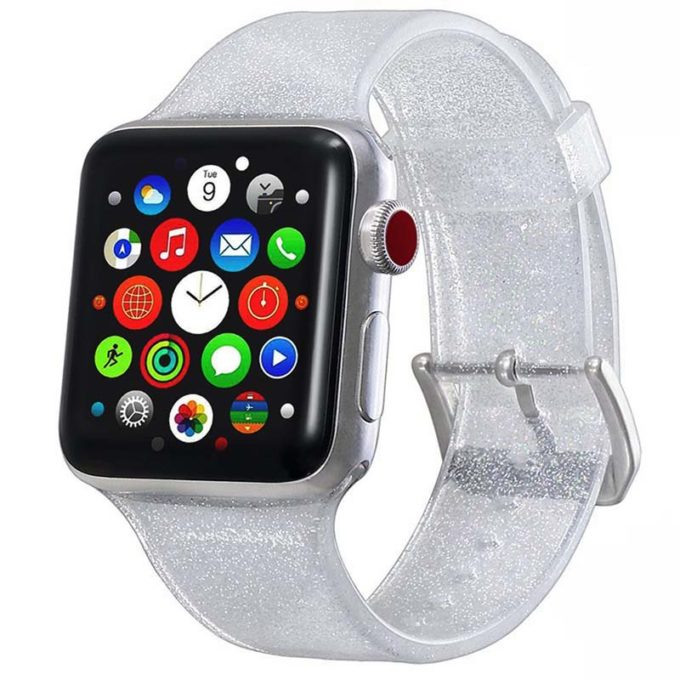 A.r19.22 Main Silver StrapsCo Silicone Rubber Clear Glitter Watch Band Strap For Apple Watch 38mm 40mm 42mm 44mm