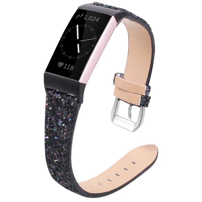 fb.l35.mb Main Black StrapsCo Womens Leather Sequin Glitter Watch Band Strap for Fitbit Charge 4 3