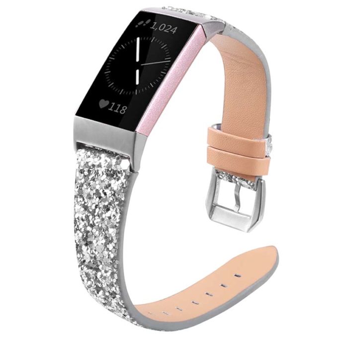 fb.l35.ss Main Silver StrapsCo Womens Leather Sequin Glitter Watch Band Strap for Fitbit Charge 4 3