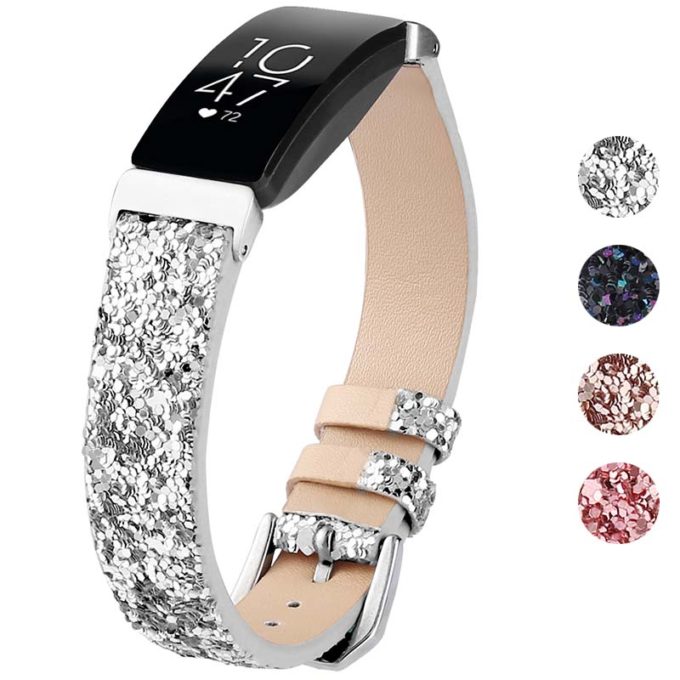 fb.l36.ss Gallery Silver StrapsCo Womens Leather Sequin Glitter Watch Band Strap for Fitbit Inspire