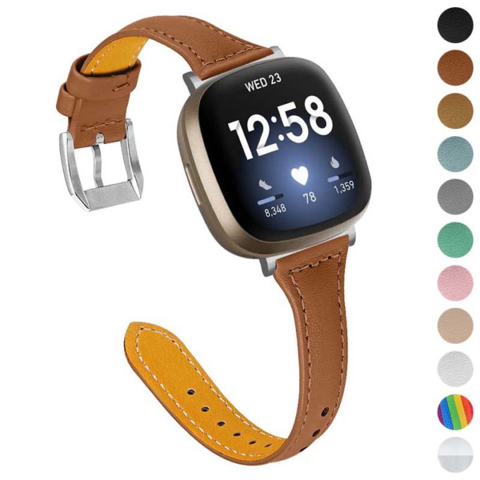 fb.l37.2 Gallery Brown StrapsCo Slim Narrow Genuine Leather Watch Band Strap for Fitbit Versa 3 Fitbit Sense