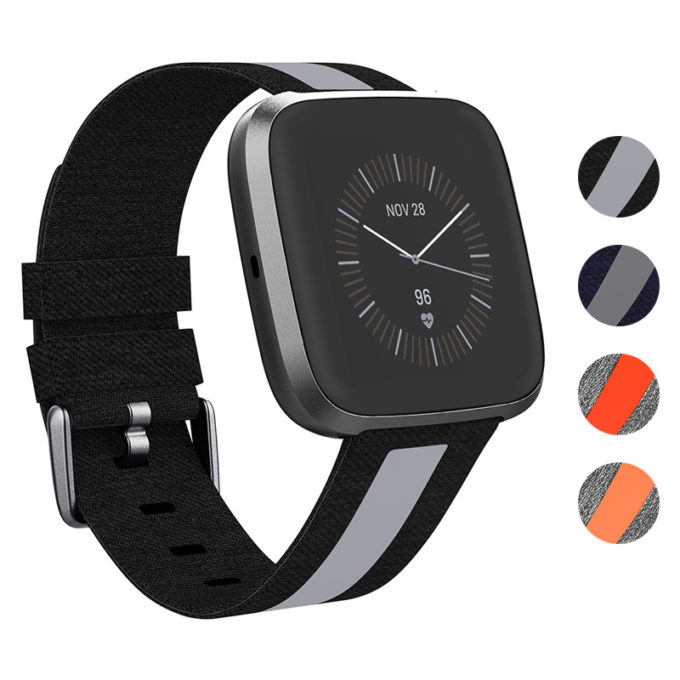 fb.ny16.1.7 Gallery Black Grey StrapsCo Reflective Nylon Canvas Woven Watch Band Strap for Fitbit Versa Versa 2 Versa Lite