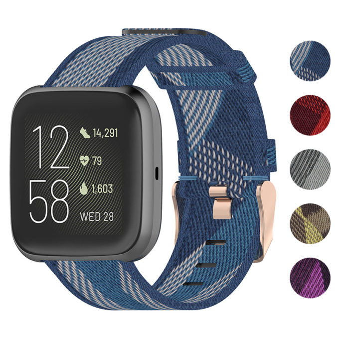 fb.ny17.5 Gallery Blue StrapsCo Canvas Woven Watch Band Strap with Rose Gold Buckle for Fitbit Versa Versa 2 Versa Lite