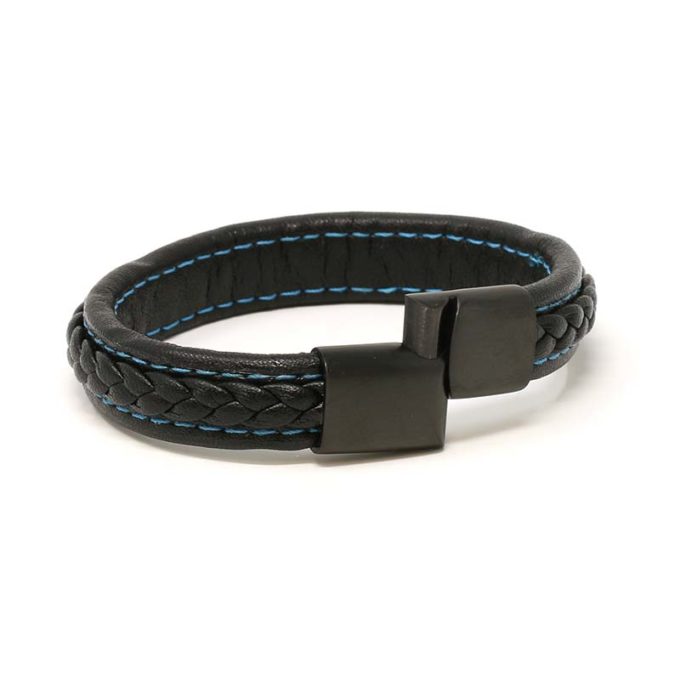 Bx1.1.5.mb Alt Black With Blue Stitching (Brushed Black Clasp) StrapsCo Braided Leather Bracelet