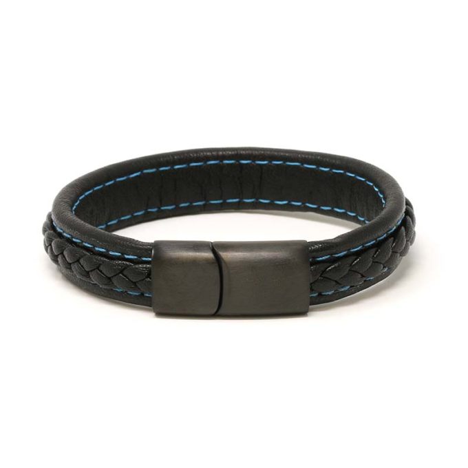 Bx1.1.5.mb Main Black With Blue Stitching (Brushed Black Clasp) StrapsCo Braided Leather Bracelet