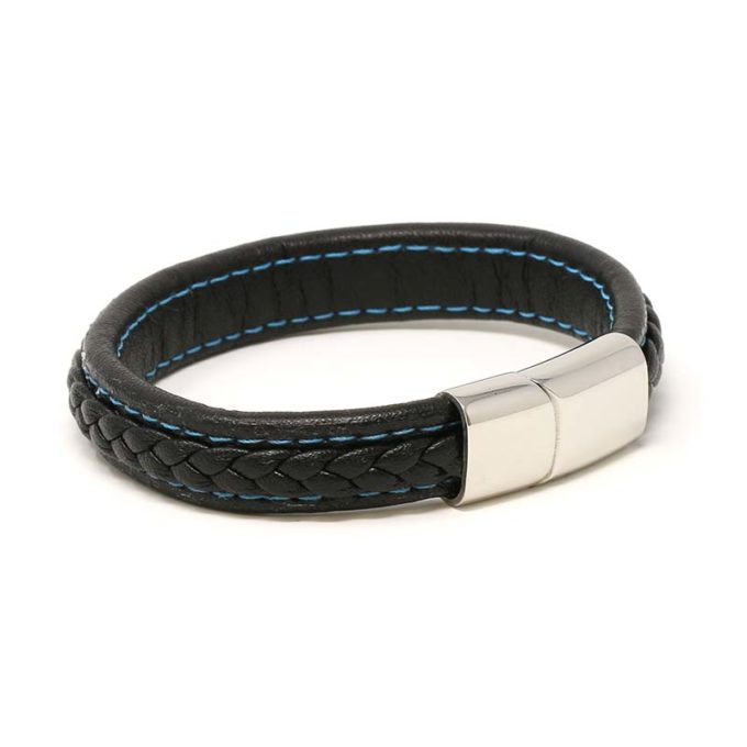 Bx1.1.5.ps Angle Black With Blue Stitching (Polished Silver Clasp) StrapsCo Braided Leather Bracelet