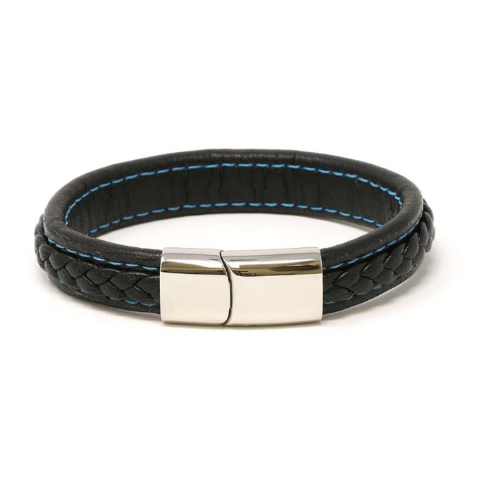 Bx1.1.5.ps Main Black With Blue Stitching (Polished Silver Clasp) StrapsCo Braided Leather Bracelet