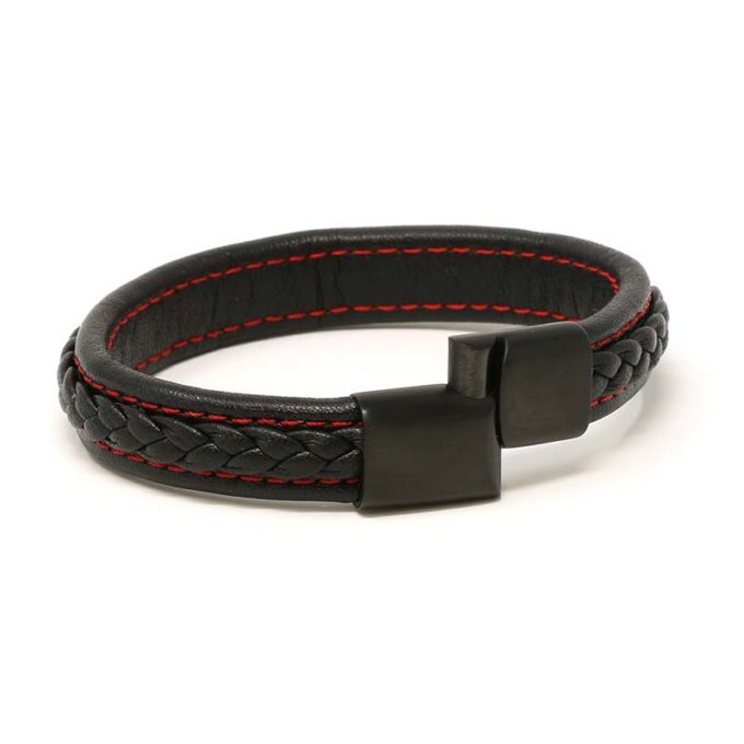 Bx1.1.6.mb Alt Black With Red Stitching (Brushed Black Clasp) StrapsCo Braided Leather Bracelet