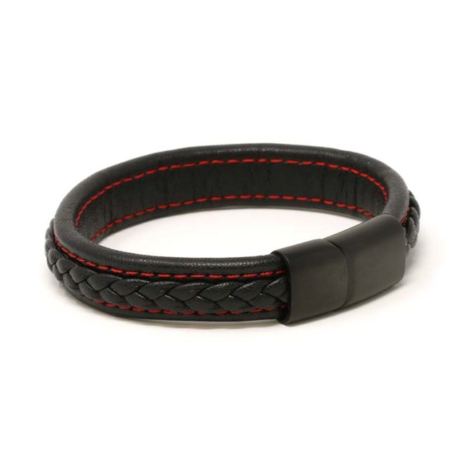Bx1.1.6.mb Angle Black With Red Stitching (Brushed Black Clasp) StrapsCo Braided Leather Bracelet