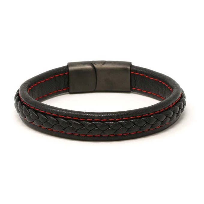Bx1.1.6.mb Back Black With Red Stitching (Brushed Black Clasp) StrapsCo Braided Leather Bracelet