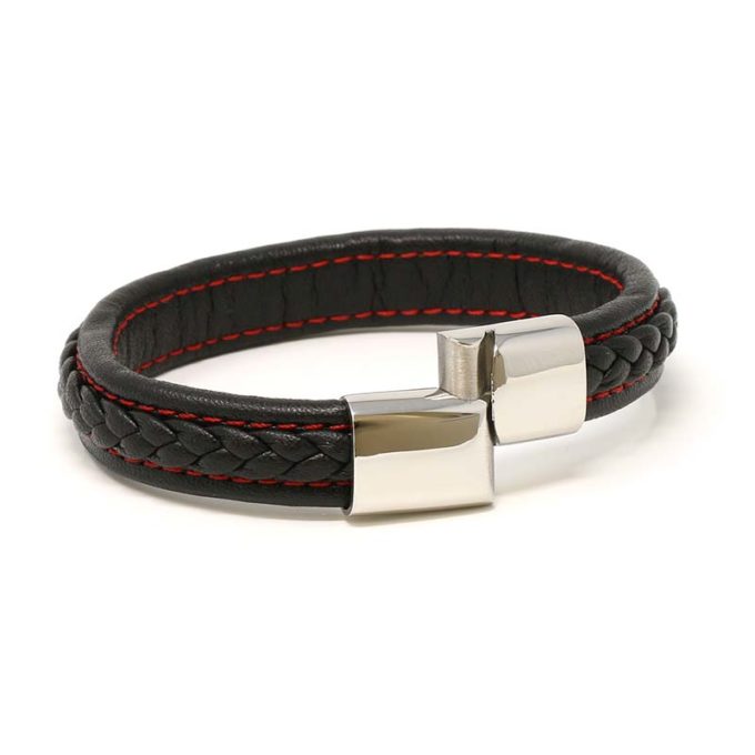 Bx1.1.6.ps Alt Black With Red Stitching (Polished Silver Clasp) StrapsCo Braided Leather Bracelet