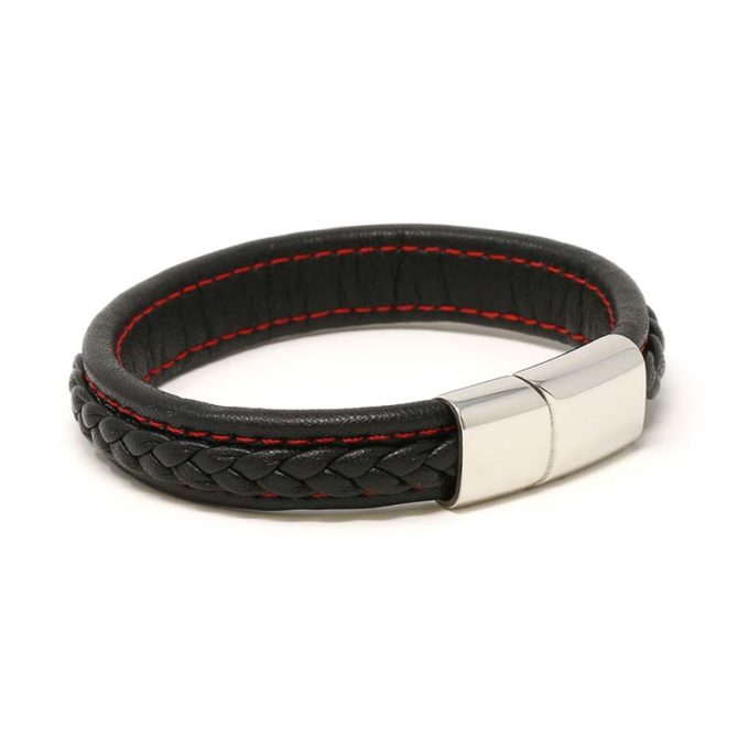 Bx1.1.6.ps Angle Black With Red Stitching (Polished Silver Clasp) StrapsCo Braided Leather Bracelet