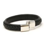 Bx1.1.ps Alt Black With Black Stitching (Polished Silver Clasp) StrapsCo Braided Leather Bracelet