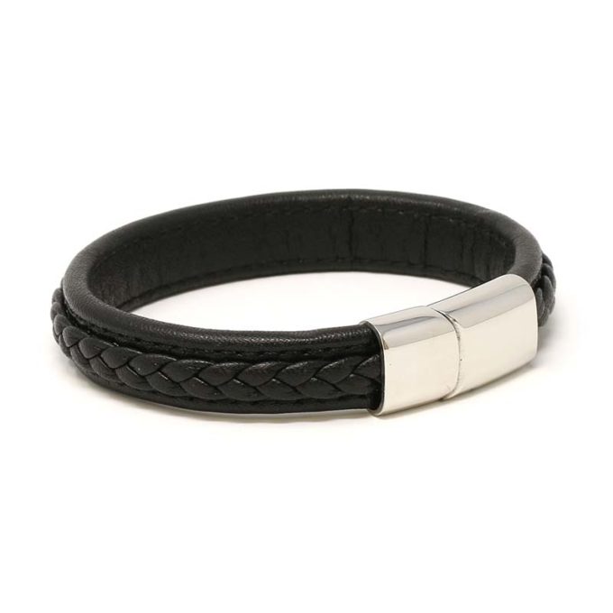 Bx1.1.ps Angle Black With Black Stitching (Polished Silver Clasp) StrapsCo Braided Leather Bracelet