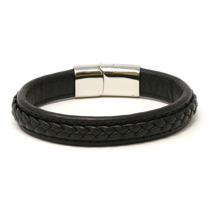 Bx1.1.ps Back Black With Black Stitching (Polished Silver Clasp) StrapsCo Braided Leather Bracelet