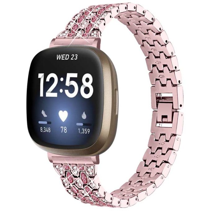 fb.m129.pg Main Pink Gold StrapsCo Metal Alloy Bracelet Watch Band Strap with Rhinestones for Fitbit Sense Fitbit Versa 3