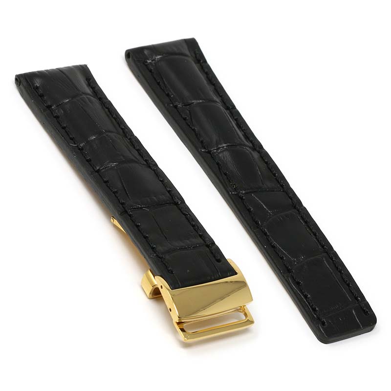 brt11.c.1.1.yg Main Black With Black Stitching Yellow Gold Clasp DASSARI Vantage Padded Crocodile Embossed Leather Watch Band Strap For Breitling 20mm 22mm 24mm