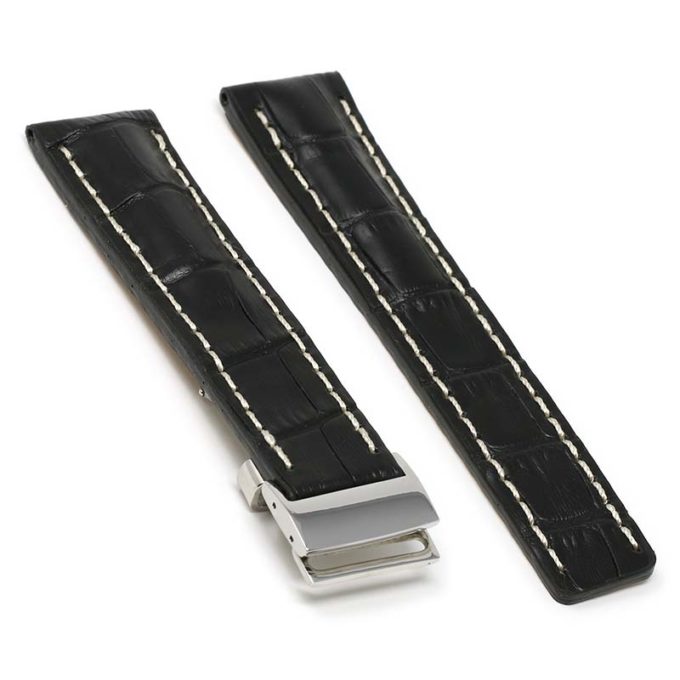 brt11.c.1.22.ss Main Black With White Stitching Silver Clasp DASSARI Vantage Padded Crocodile Embossed Leather Watch Band Strap For Breitling 20mm 22mm 24mm