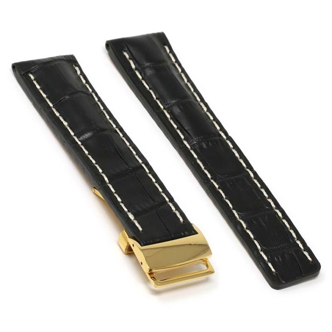 brt11.c.1.22.yg Main Black With White Stitching Yellow Gold Clasp DASSARI Vantage Padded Crocodile Embossed Leather Watch Band Strap For Breitling 20mm 22mm 24mm