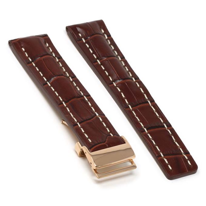 brt11.c.2.22.ss Main Brown With White Stitching Rose Gold Clasp DASSARI Vantage Padded Crocodile Embossed Leather Watch Band Strap For Breitling 20mm 22mm 24mm