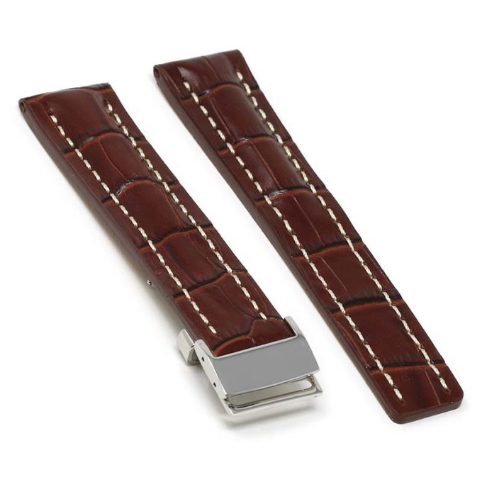 brt11.c.2.22.ss Main Brown With White Stitching Silver Clasp DASSARI Vantage Padded Crocodile Embossed Leather Watch Band Strap For Breitling 20mm 22mm 24mm