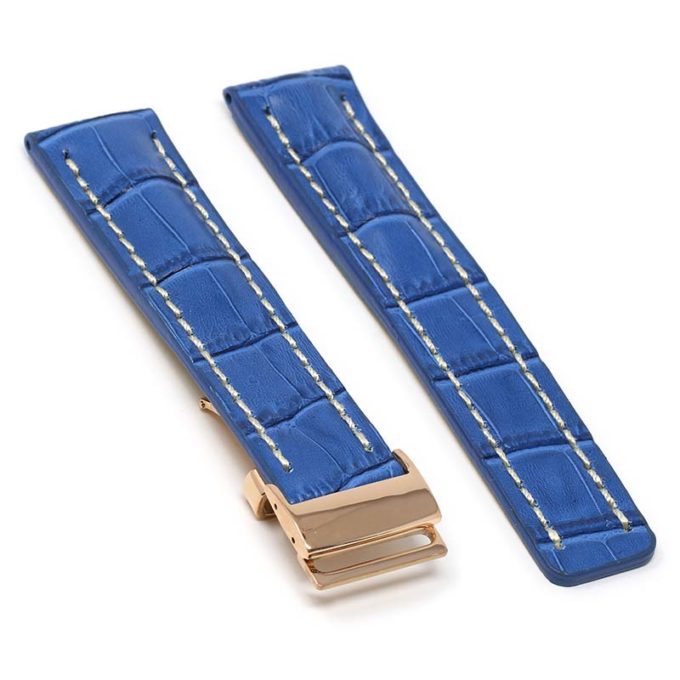 brt11.c.5.22.rg Main Blue With White Stitching Rose Gold Clasp DASSARI Vantage Padded Crocodile Embossed Leather Watch Band Strap For Breitling 20mm 22mm 24mm