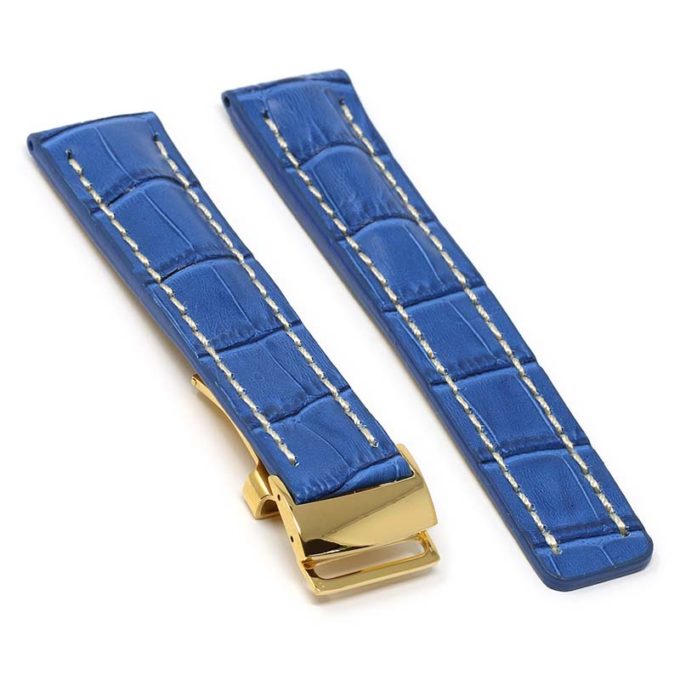 brt11.c.5.22.yg Main Blue With White Stitching Yellow Gold Clasp DASSARI Vantage Padded Crocodile Embossed Leather Watch Band Strap For Breitling 20mm 22mm 24mm