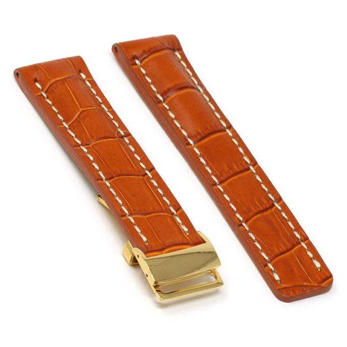 brt11.c.8.22.yg Main Rust With White Stitching Yellow Gold Clasp DASSARI Vantage Padded Crocodile Embossed Leather Watch Band Strap For Breitling 20mm 22mm 24mm
