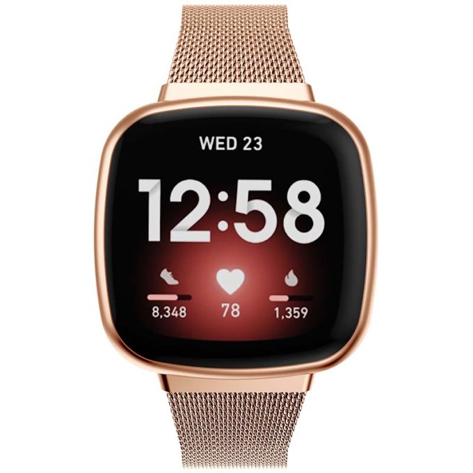 fb.m132.rg Front Rose Gold StrapsCo Slim Stainless Steel Mesh Watch Band Strap for Fitbit Versa 3 Fitbit Sense