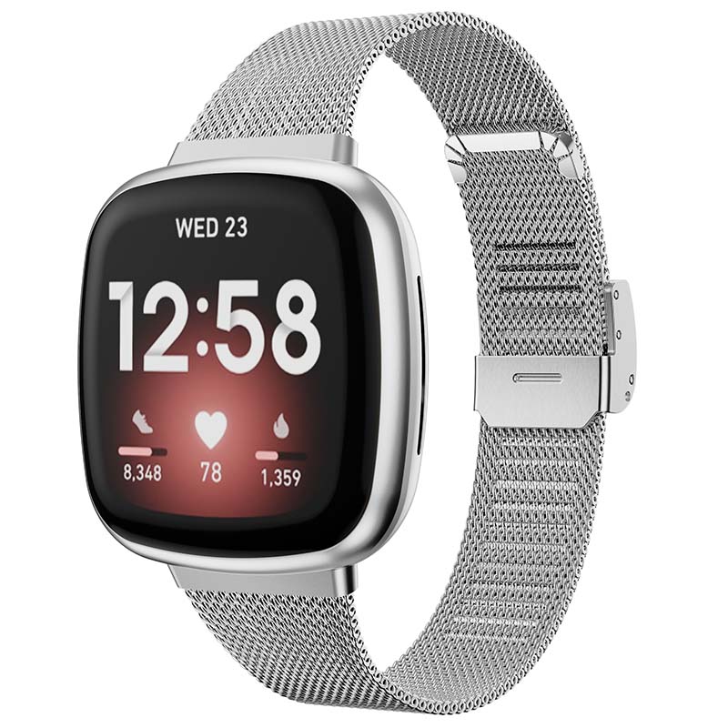 fb.m132.ss Main Silver StrapsCo Slim Stainless Steel Mesh Watch Band Strap for Fitbit Versa 3 Fitbit Sense