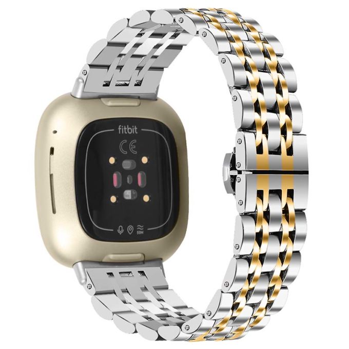 fb.m133.ss .yg Back Silver Yellow Gold StrapsCo Stainless Steel Bracelet Watch Band w Hidden Clasp for Fitbit Versa 3 Fitbit Sense