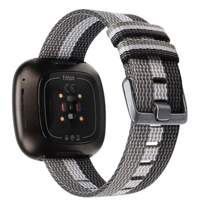 fb.ny19.1.22.7 Back Black Grey White StrapsCo Canvas Watch Band Strap with Polished Silver Buckle for Fitbit Versa 3 Fitbit Sense